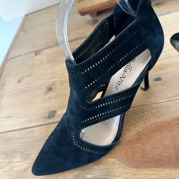 Bella Vista Genuine Leather Suede Black Pumps Sandals 7 Women's Cut Out - Picture 7 of 8